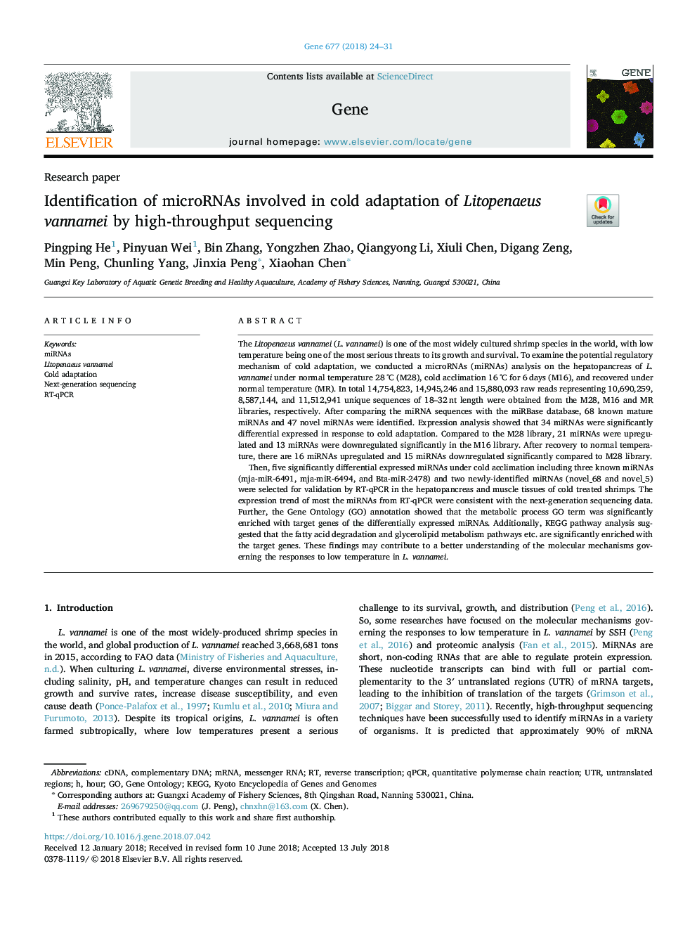 Identification of microRNAs involved in cold adaptation of Litopenaeus vannamei by high-throughput sequencing