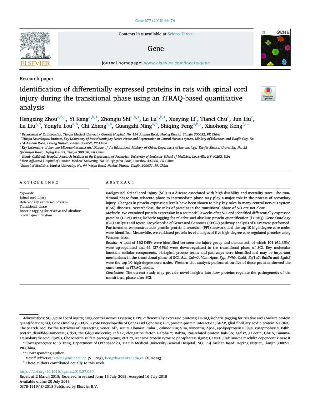 Identification of differentially expressed proteins in rats with spinal cord injury during the transitional phase using an iTRAQ-based quantitative analysis