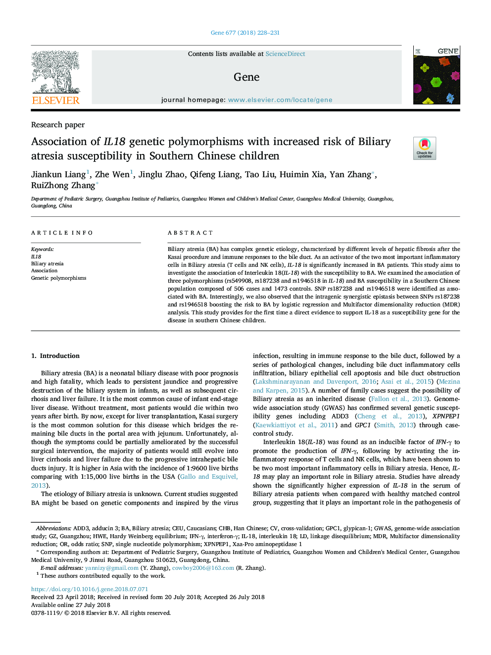 Association of IL18 genetic polymorphisms with increased risk of Biliary atresia susceptibility in Southern Chinese children