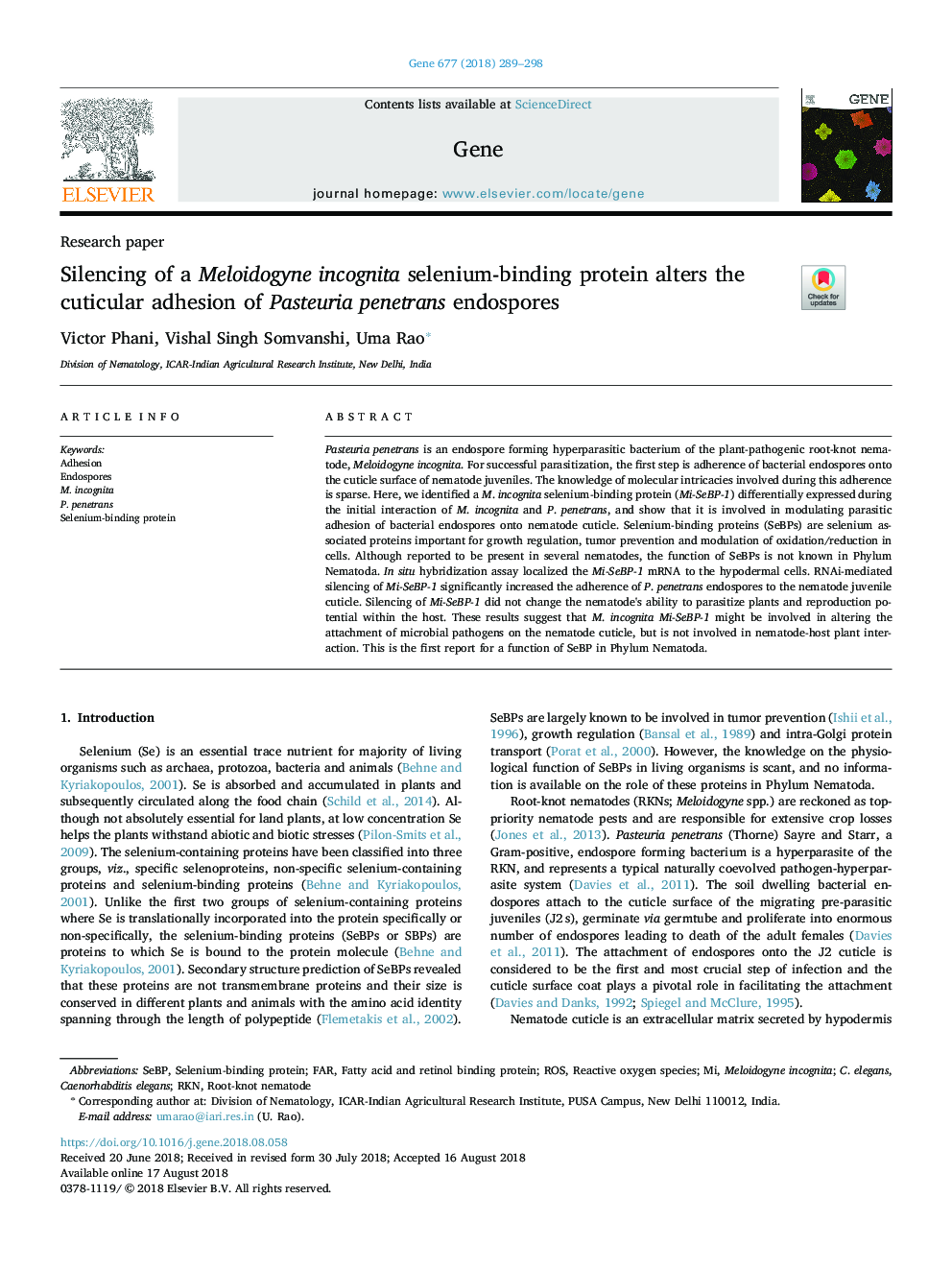Silencing of a Meloidogyne incognita selenium-binding protein alters the cuticular adhesion of Pasteuria penetrans endospores