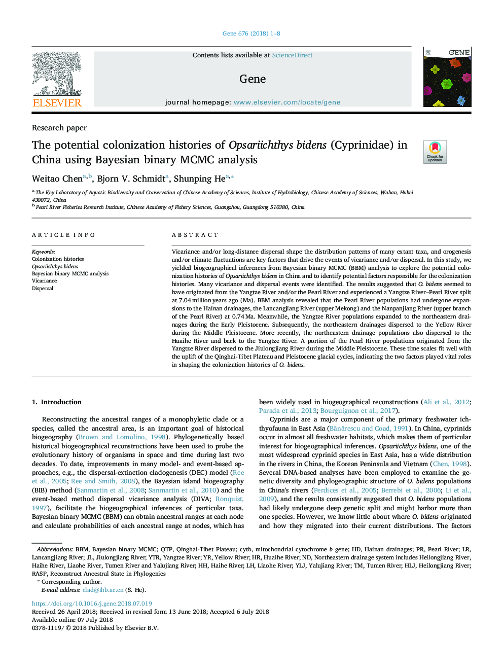 The potential colonization histories of Opsariichthys bidens (Cyprinidae) in China using Bayesian binary MCMC analysis
