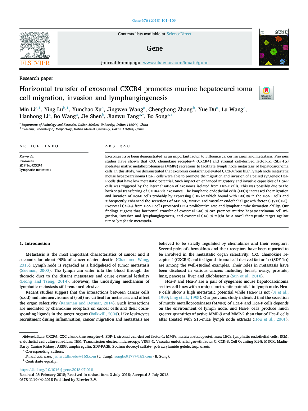 Horizontal transfer of exosomal CXCR4 promotes murine hepatocarcinoma cell migration, invasion and lymphangiogenesis