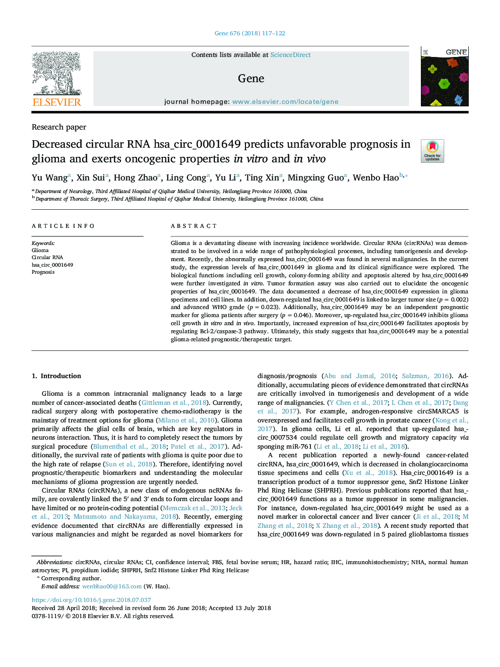 Decreased circular RNA hsa_circ_0001649 predicts unfavorable prognosis in glioma and exerts oncogenic properties in vitro and in vivo