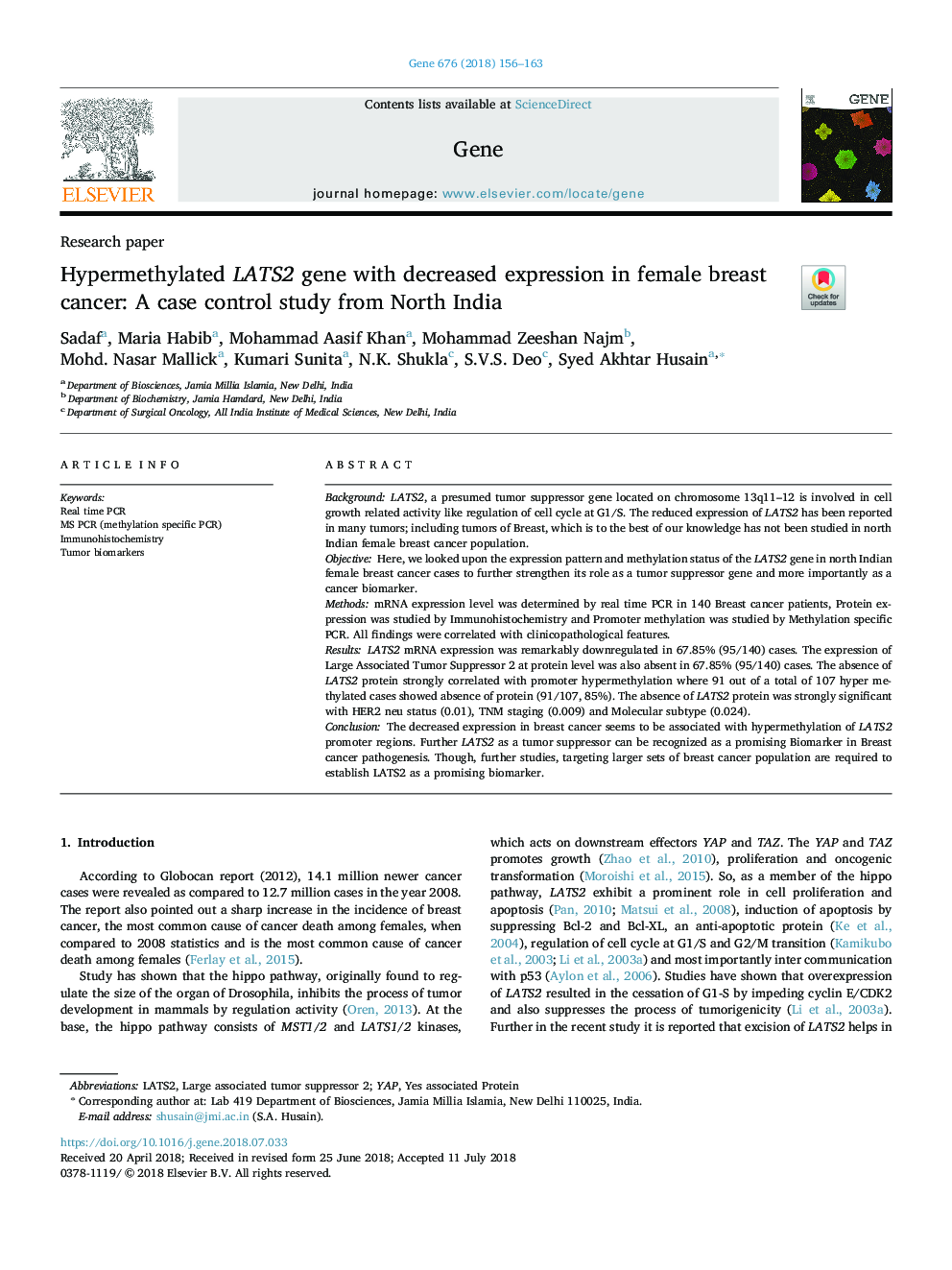 Hypermethylated LATS2 gene with decreased expression in female breast cancer: A case control study from North India