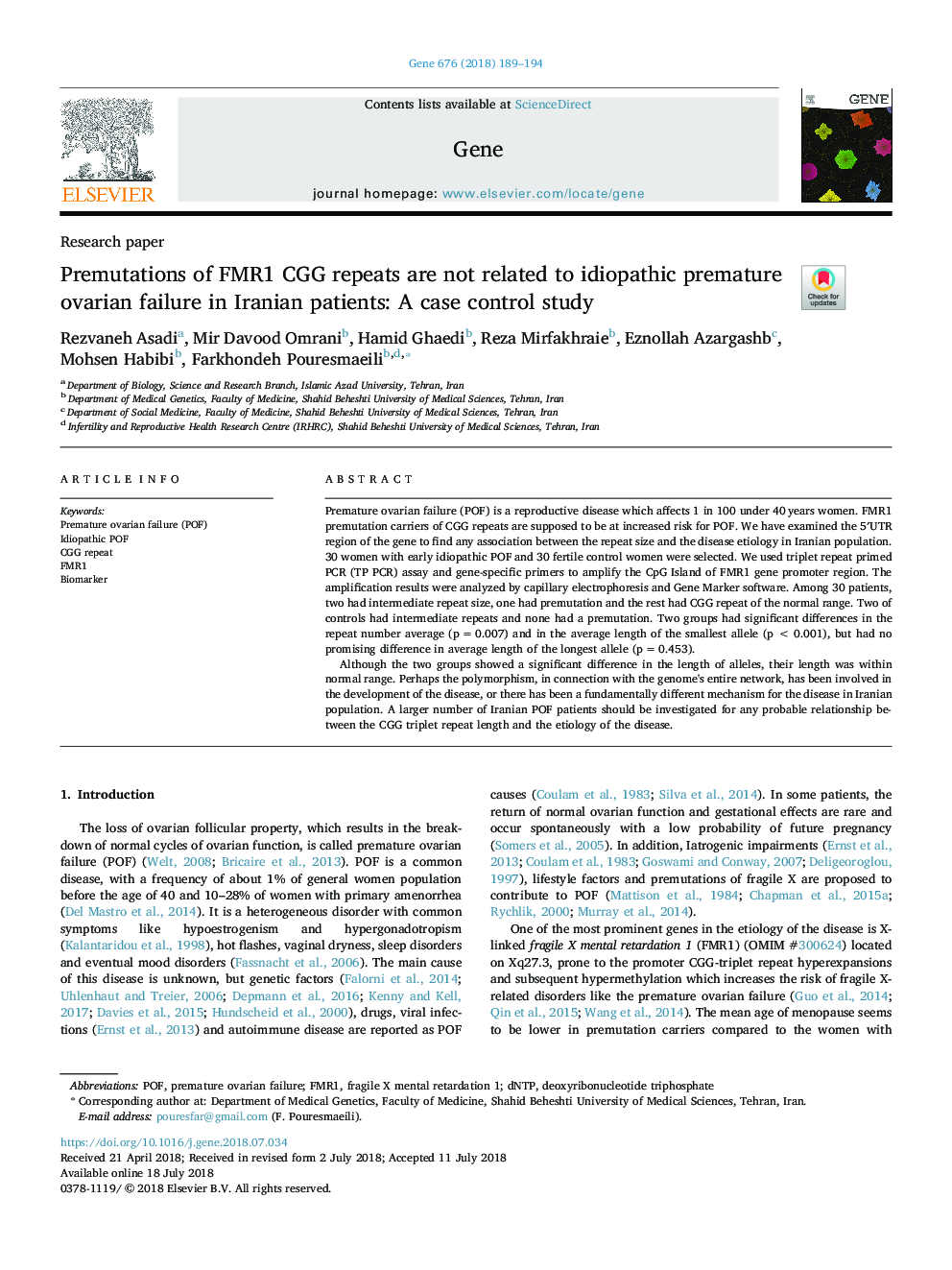 Premutations of FMR1 CGG repeats are not related to idiopathic premature ovarian failure in Iranian patients: A case control study