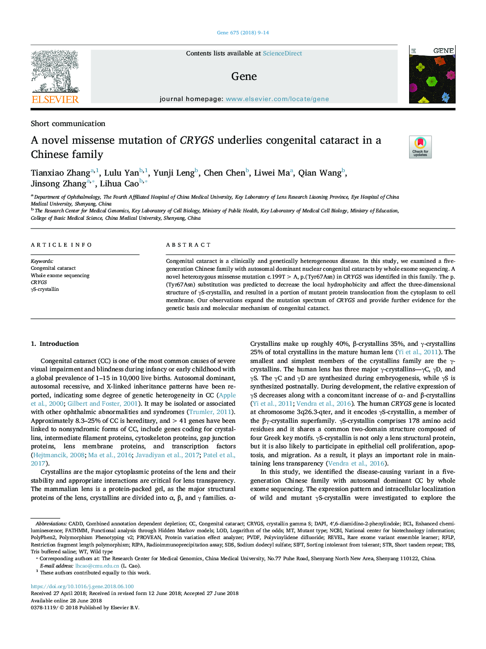 A novel missense mutation of CRYGS underlies congenital cataract in a Chinese family