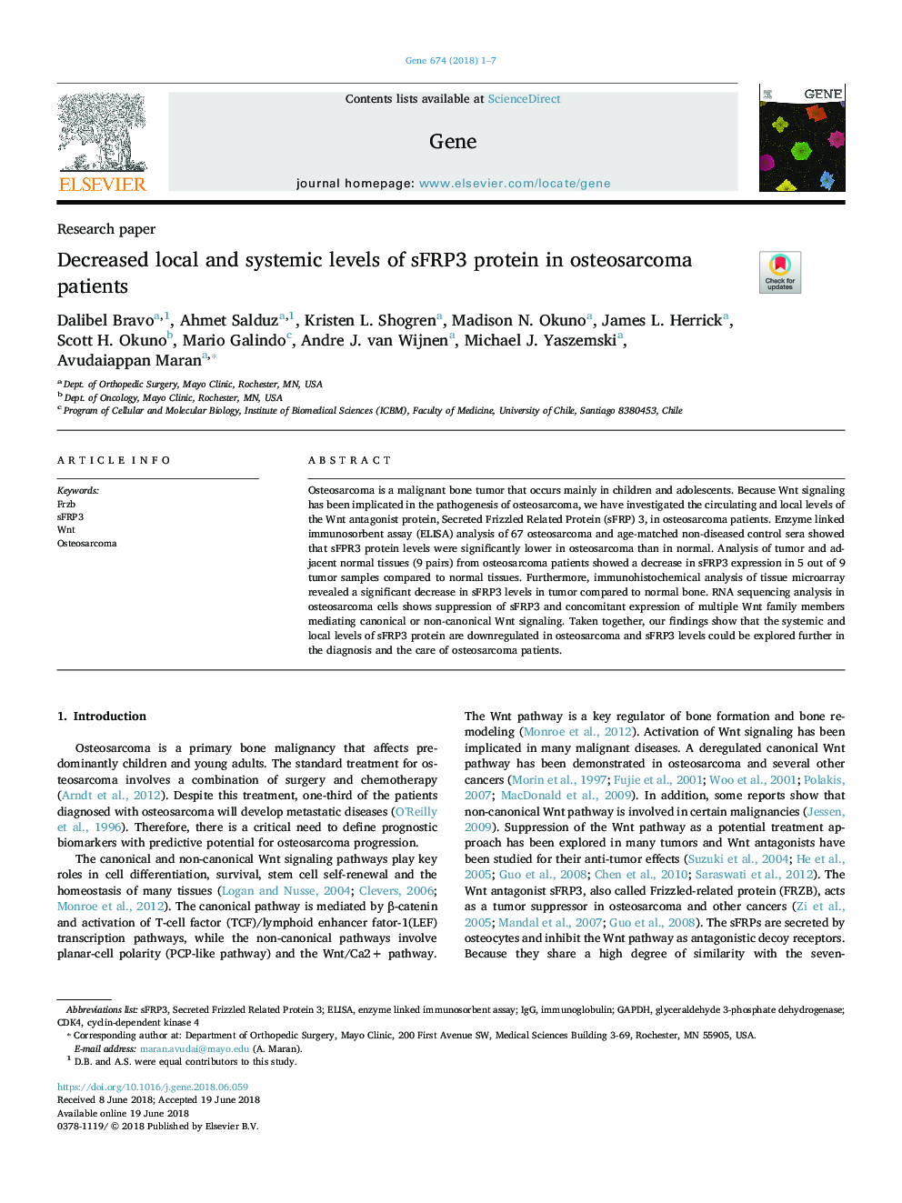 Decreased local and systemic levels of sFRP3 protein in osteosarcoma patients