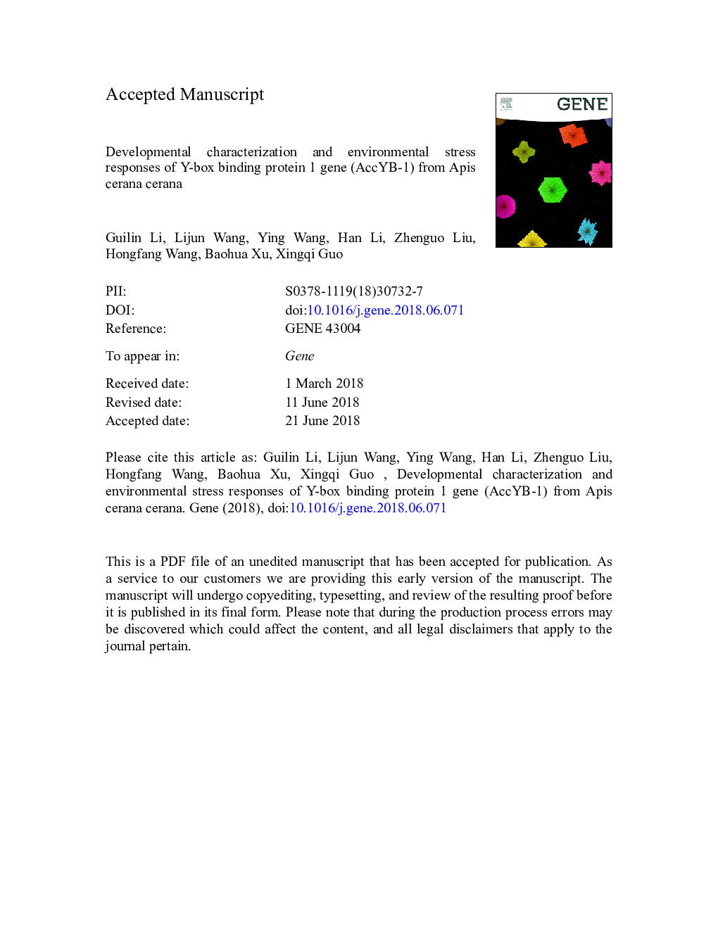 Developmental characterization and environmental stress responses of Y-box binding protein 1 gene (AccYB-1) from Apis cerana cerana