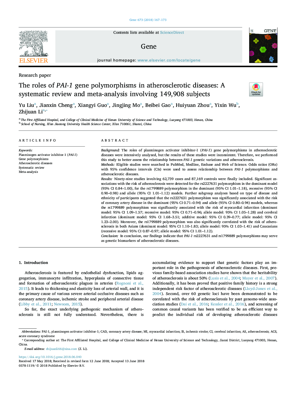 The roles of PAI-1 gene polymorphisms in atherosclerotic diseases: A systematic review and meta-analysis involving 149,908 subjects