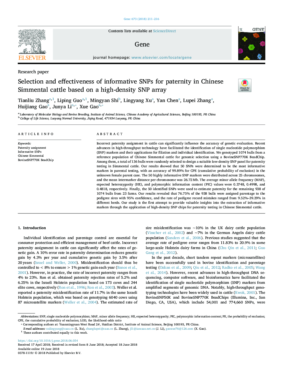 Selection and effectiveness of informative SNPs for paternity in Chinese Simmental cattle based on a high-density SNP array