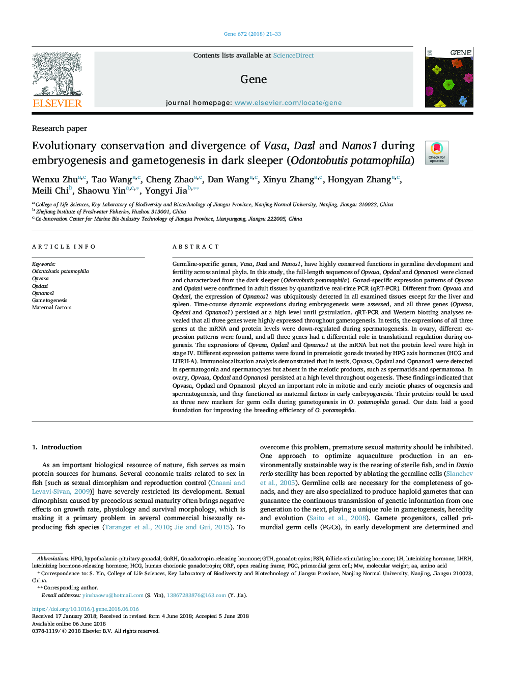 Evolutionary conservation and divergence of Vasa, Dazl and Nanos1 during embryogenesis and gametogenesis in dark sleeper (Odontobutis potamophila)