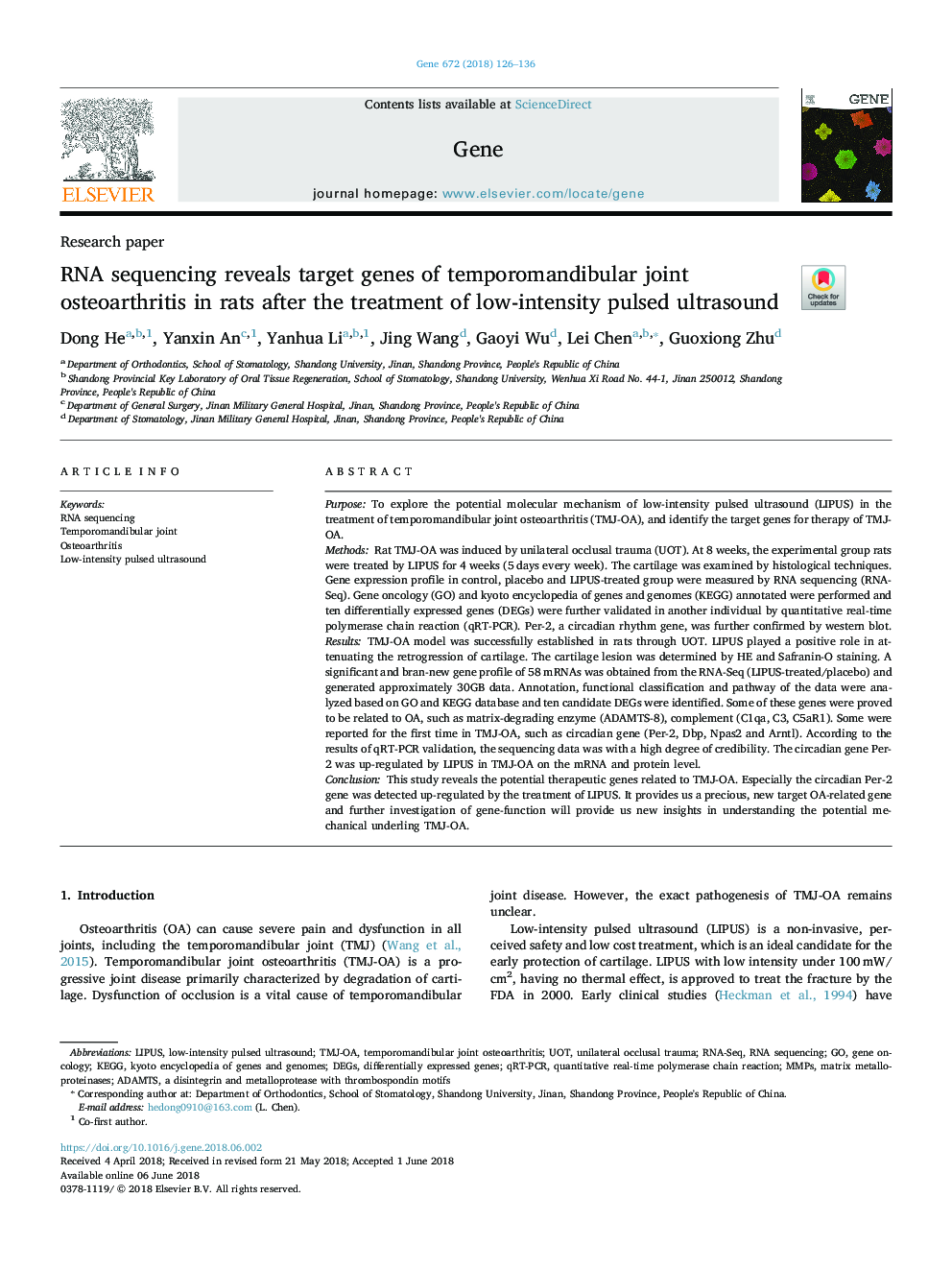 RNA sequencing reveals target genes of temporomandibular joint osteoarthritis in rats after the treatment of low-intensity pulsed ultrasound