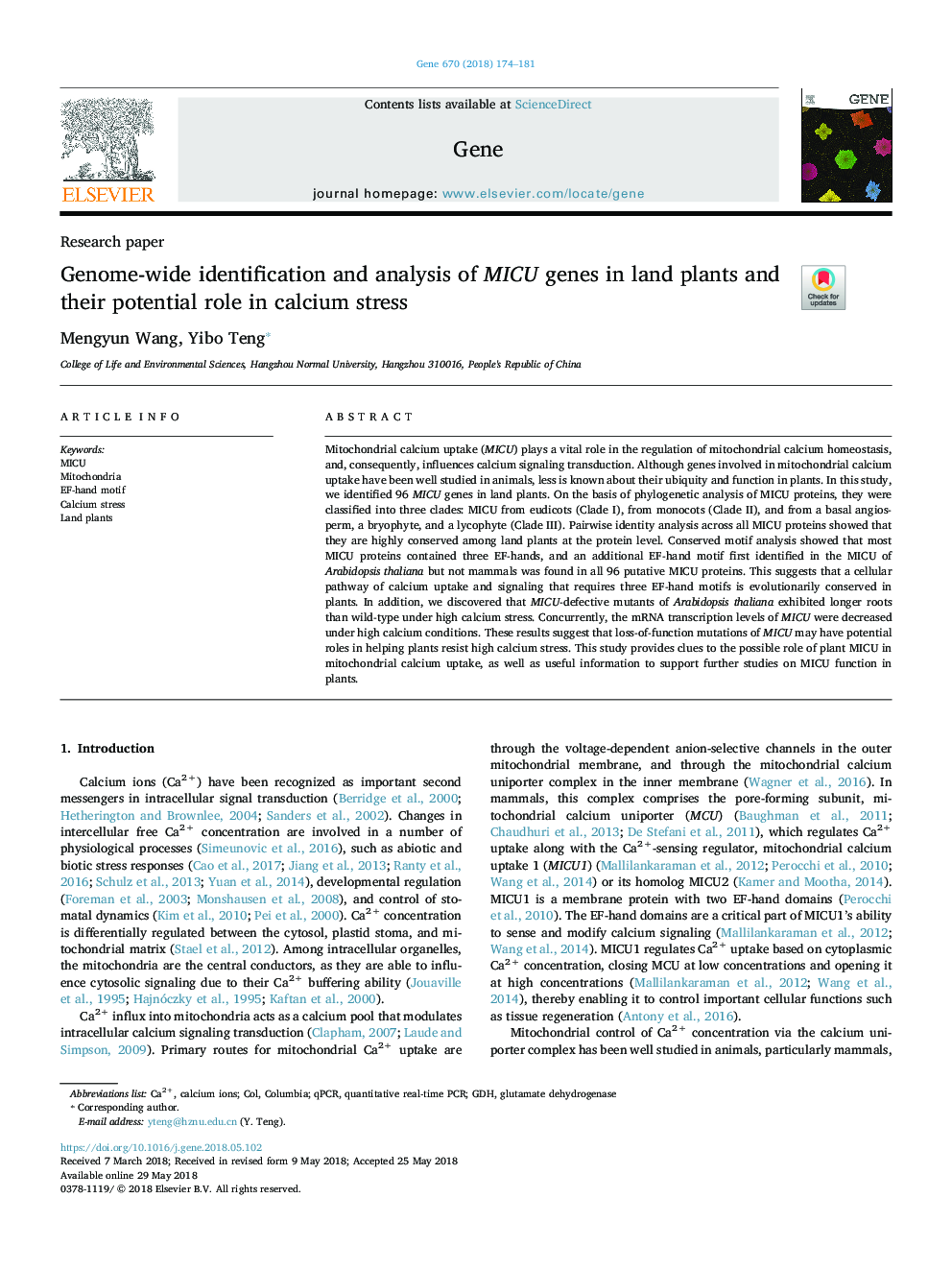 Genome-wide identification and analysis of MICU genes in land plants and their potential role in calcium stress