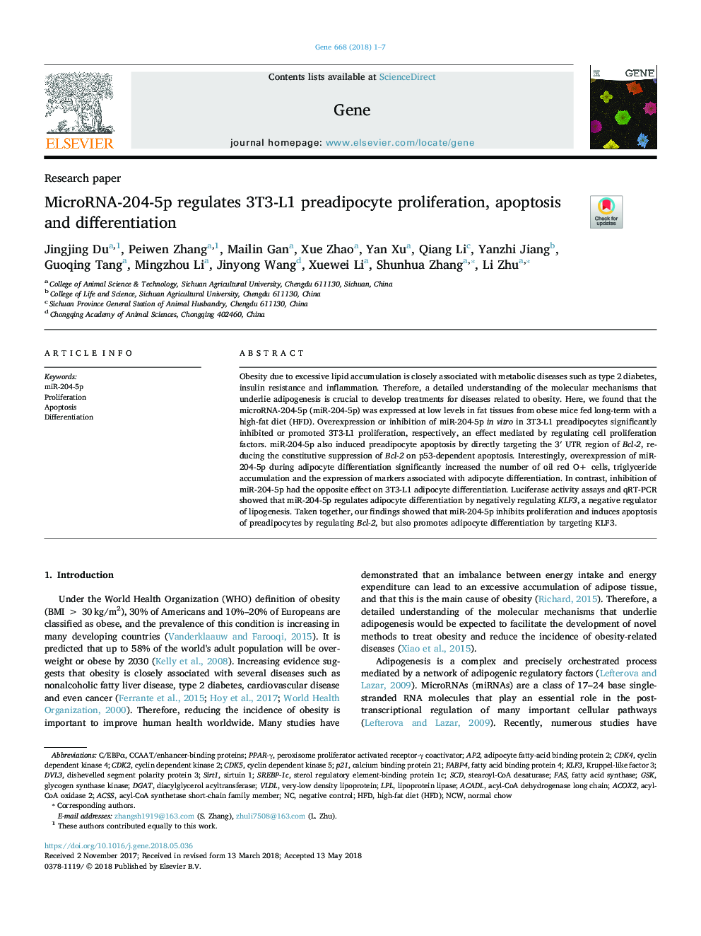 MicroRNA-204-5p regulates 3T3-L1 preadipocyte proliferation, apoptosis and differentiation