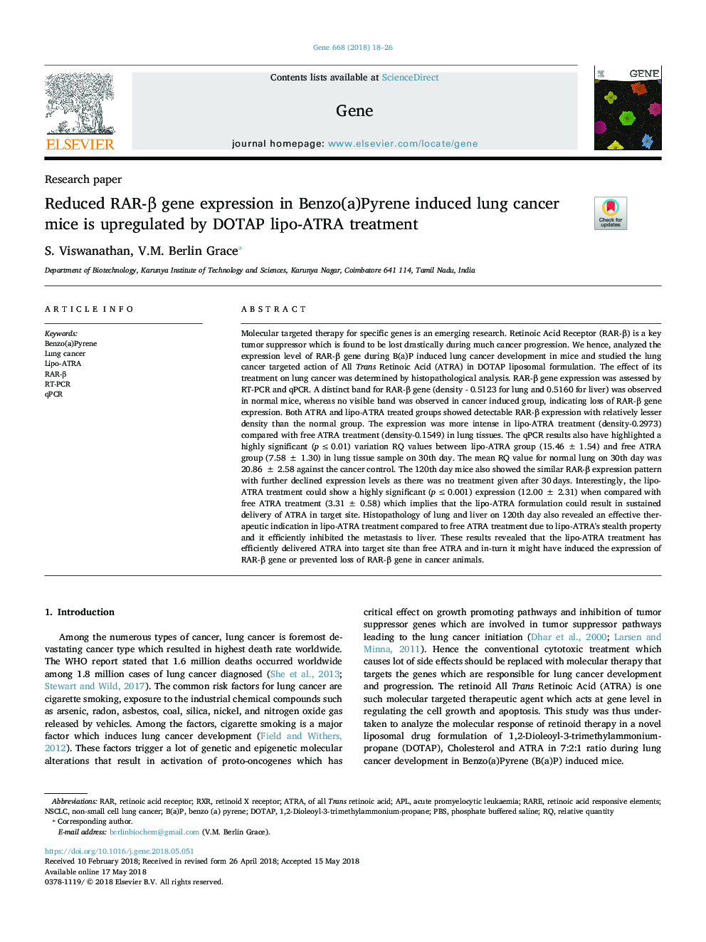 Reduced RAR-Î² gene expression in Benzo(a)Pyrene induced lung cancer mice is upregulated by DOTAP lipo-ATRA treatment