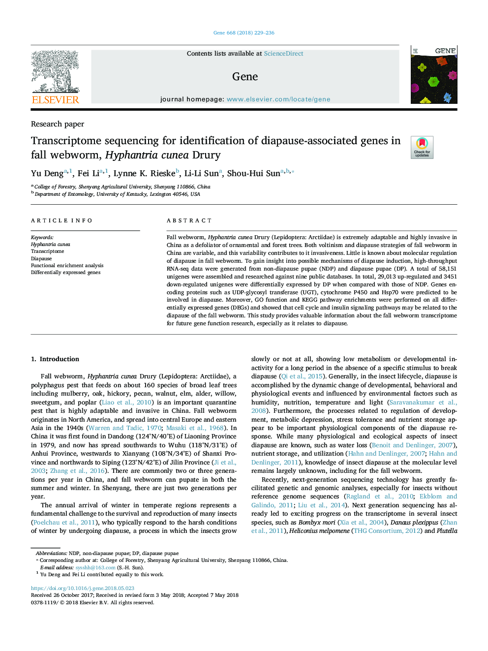 Transcriptome sequencing for identification of diapause-associated genes in fall webworm, Hyphantria cunea Drury