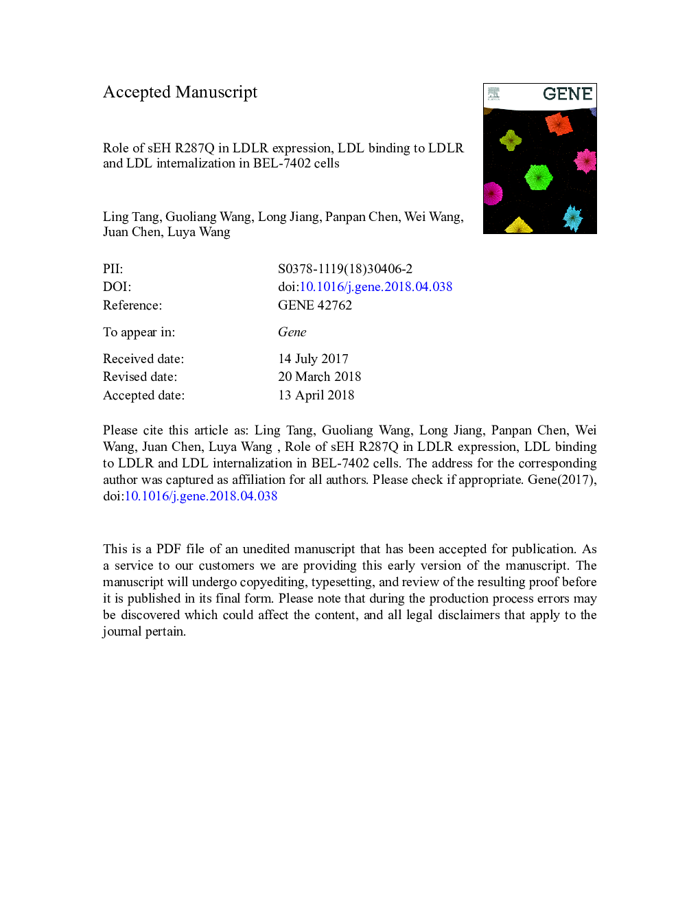 Role of sEH R287Q in LDLR expression, LDL binding to LDLR and LDL internalization in BEL-7402 cells