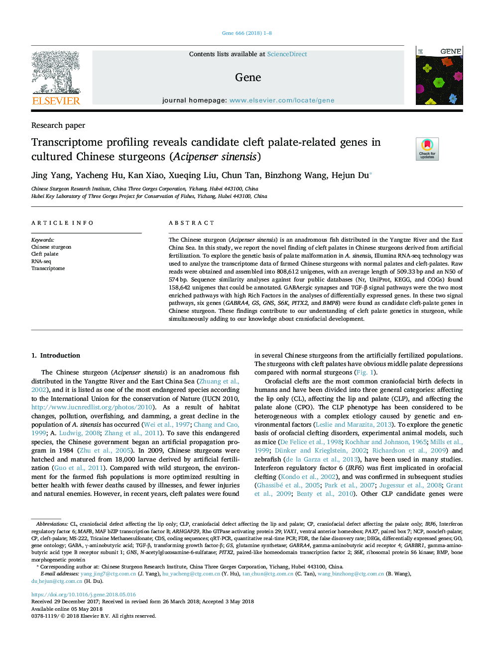 Transcriptome profiling reveals candidate cleft palate-related genes in cultured Chinese sturgeons (Acipenser sinensis)