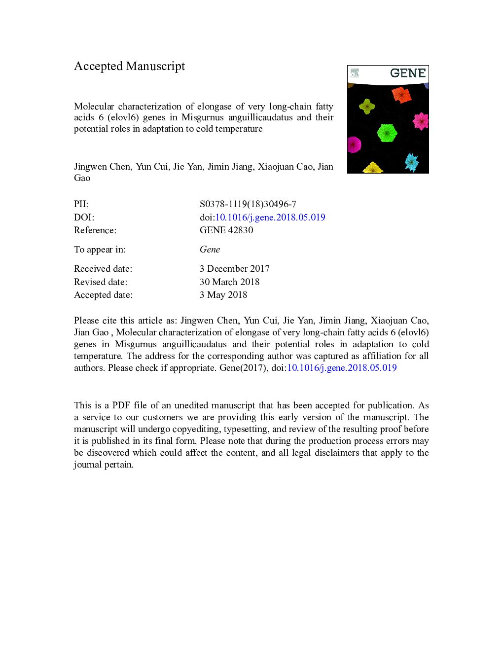 عکس صفحه اول مقاله: Molecular characterization of elongase of very long-chain fatty acids 6 (elovl6) genes in Misgurnus anguillicaudatus and their potential roles in adaptation to cold temperature Molecular characterization of elongase of very long-chain fatty acids 6 (elovl6) genes in Misgurnus anguillicaudatus and their potential roles in adaptation to cold temperature