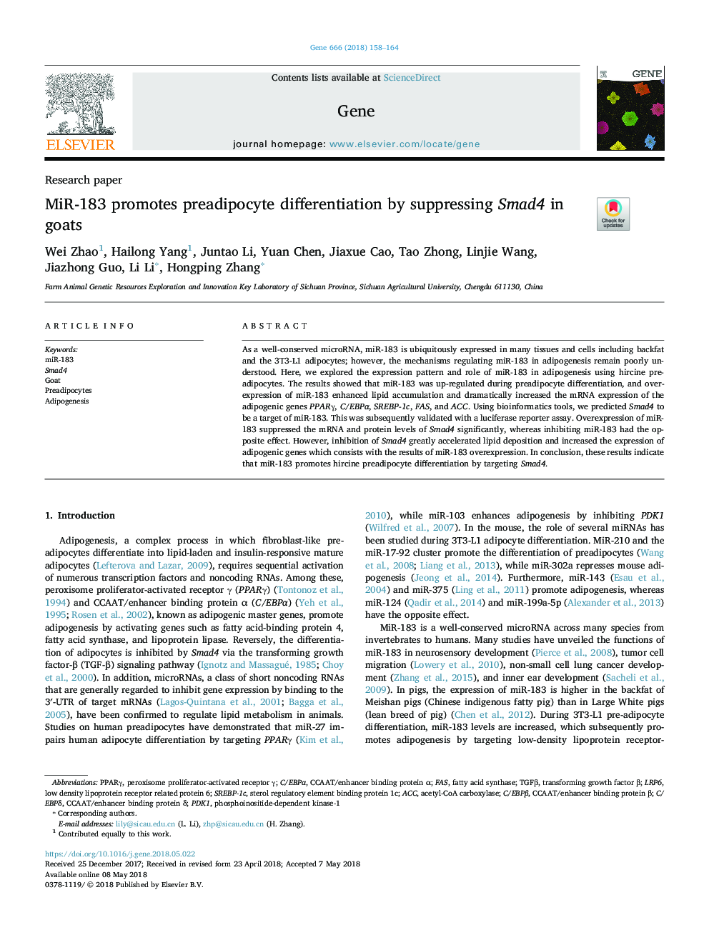 MiR-183 promotes preadipocyte differentiation by suppressing Smad4 in goats