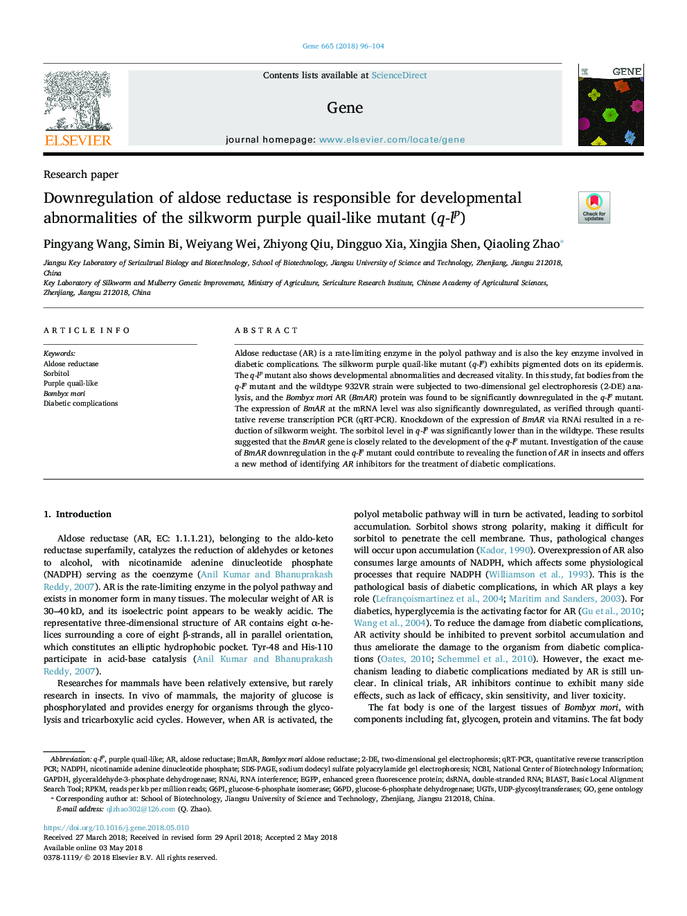 Downregulation of aldose reductase is responsible for developmental abnormalities of the silkworm purple quail-like mutant (q-lp)