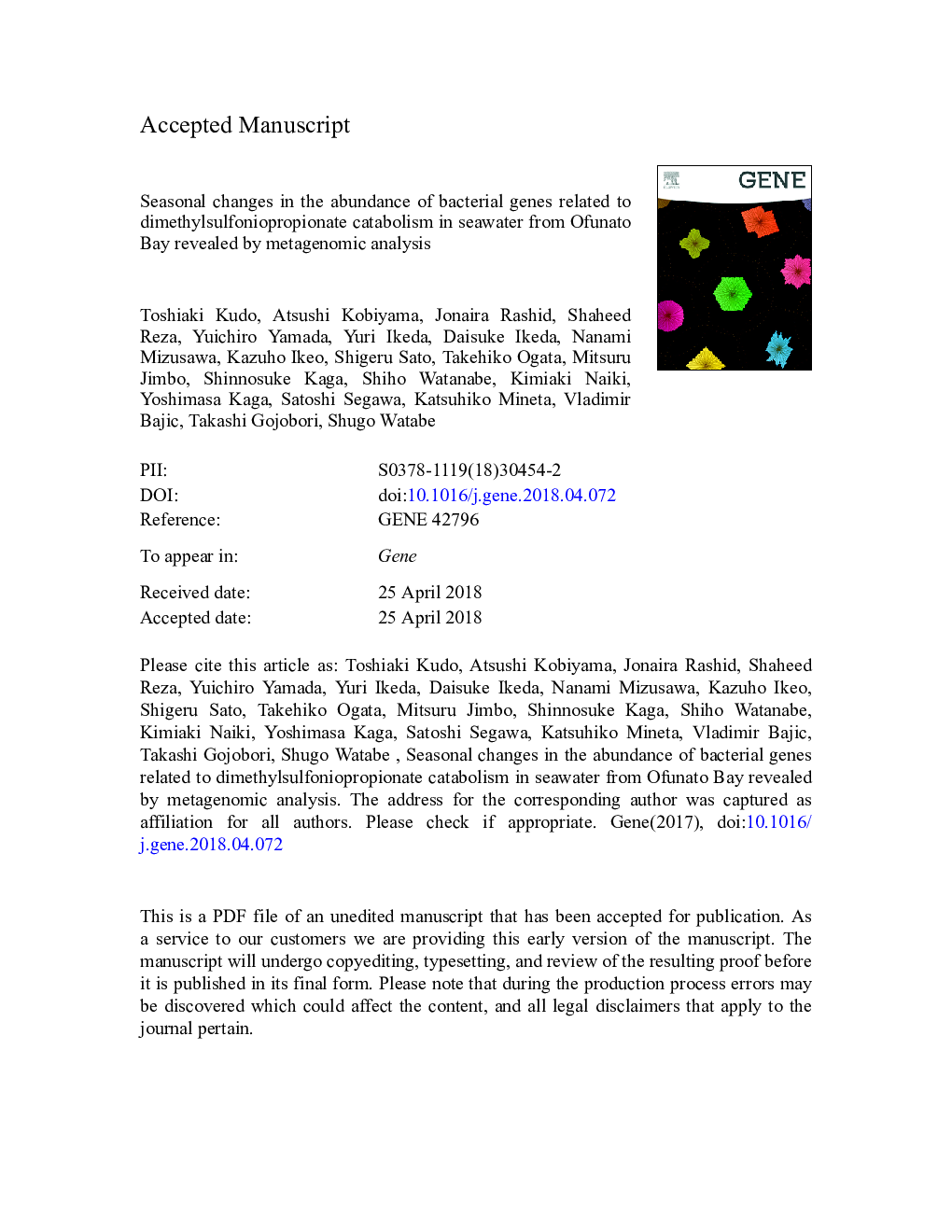 Seasonal changes in the abundance of bacterial genes related to dimethylsulfoniopropionate catabolism in seawater from Ofunato Bay revealed by metagenomic analysis