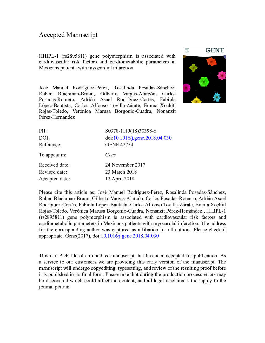 HHIPL-1 (rs2895811) gene polymorphism is associated with cardiovascular risk factors and cardiometabolic parameters in Mexicans patients with myocardial infarction