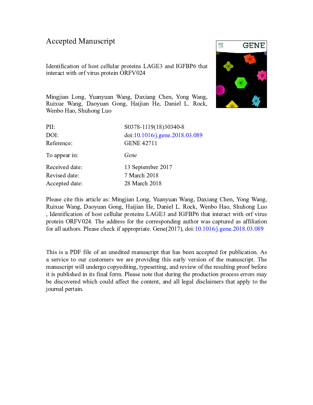 Identification of host cellular proteins LAGE3 and IGFBP6 that interact with orf virus protein ORFV024