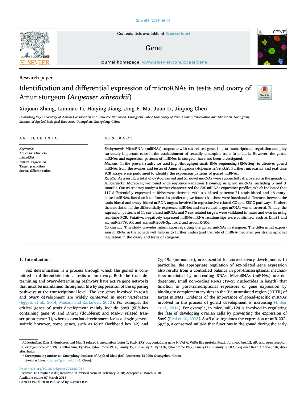 Identification and differential expression of microRNAs in testis and ovary of Amur sturgeon (Acipenser schrenckii)