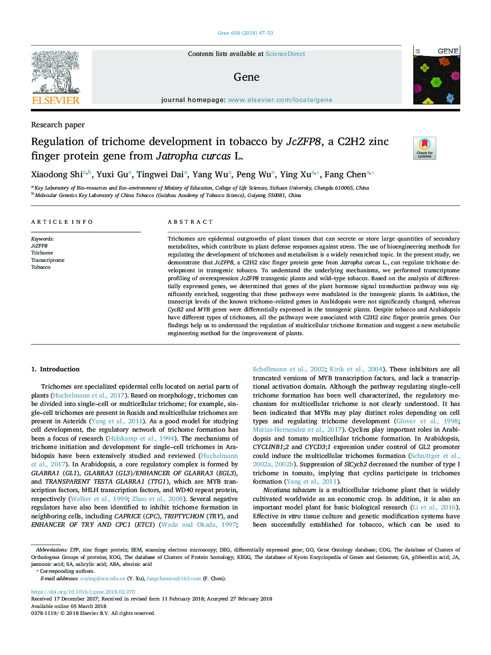 Regulation of trichome development in tobacco by JcZFP8, a C2H2 zinc finger protein gene from Jatropha curcas L.