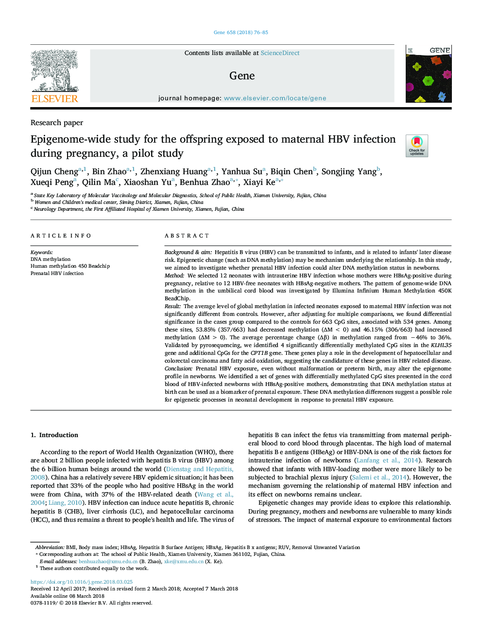 Epigenome-wide study for the offspring exposed to maternal HBV infection during pregnancy, a pilot study