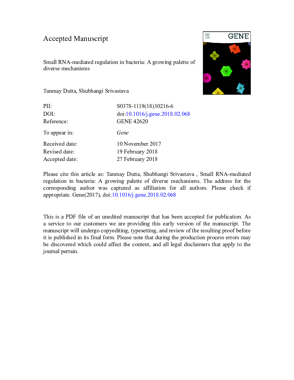 عکس صفحه اول مقاله: Small RNA-mediated regulation in bacteria: A growing palette of diverse mechanisms Small RNA-mediated regulation in bacteria: A growing palette of diverse mechanisms