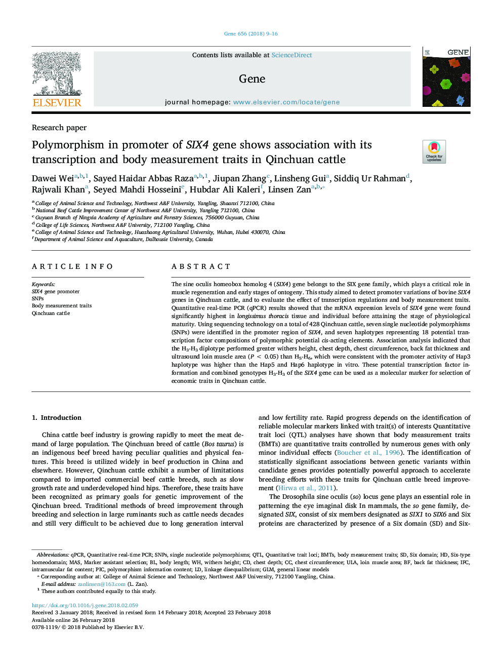 Polymorphism in promoter of SIX4 gene shows association with its transcription and body measurement traits in Qinchuan cattle