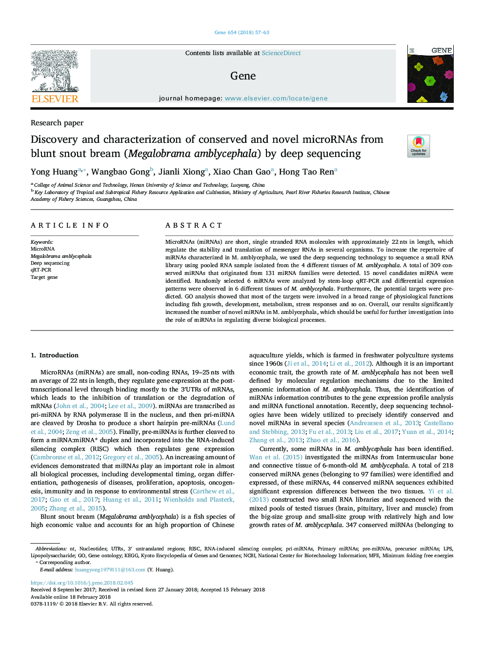 Discovery and characterization of conserved and novel microRNAs from blunt snout bream (Megalobrama amblycephala) by deep sequencing