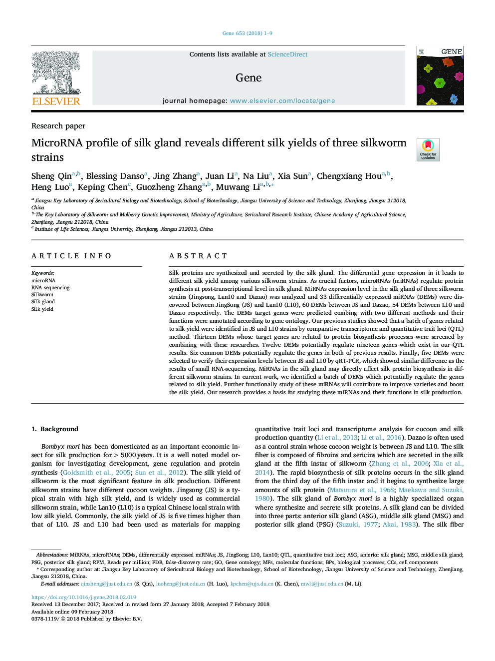 MicroRNA profile of silk gland reveals different silk yields of three silkworm strains