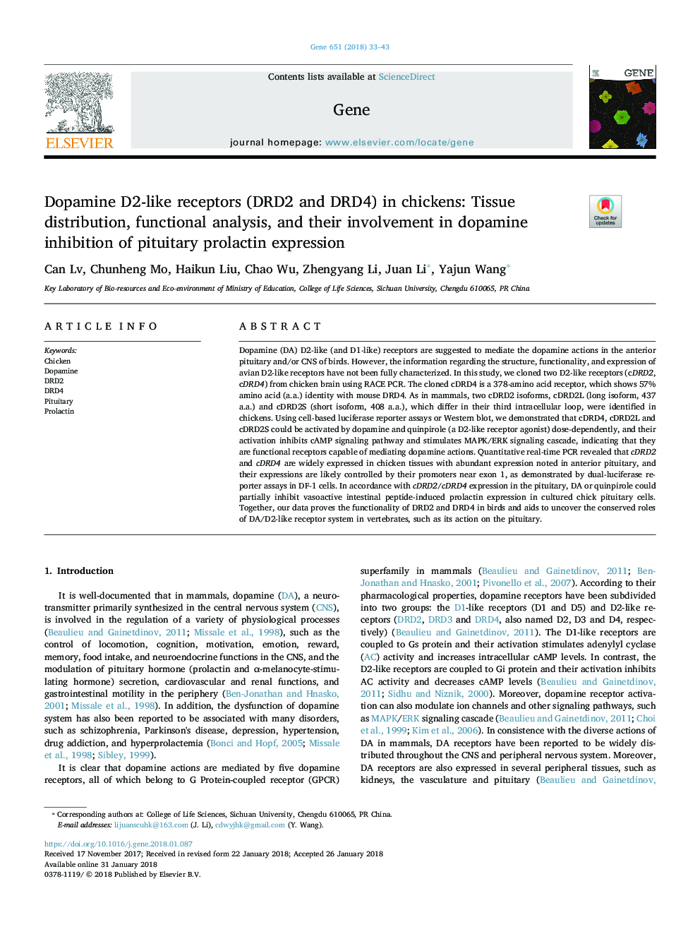 Dopamine D2-like receptors (DRD2 and DRD4) in chickens: Tissue distribution, functional analysis, and their involvement in dopamine inhibition of pituitary prolactin expression