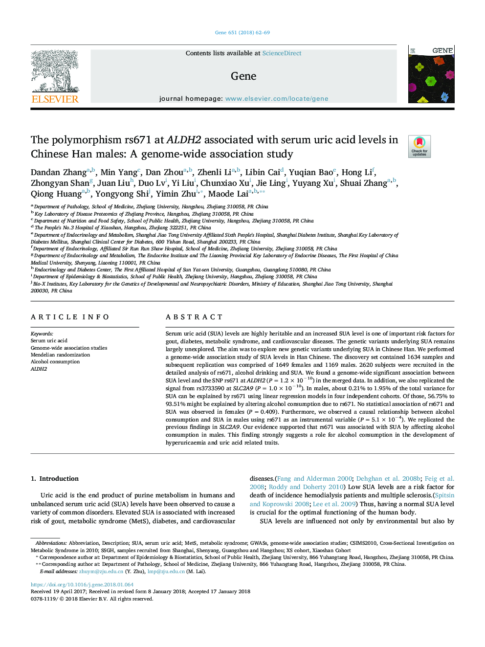 The polymorphism rs671 at ALDH2 associated with serum uric acid levels in Chinese Han males: A genome-wide association study