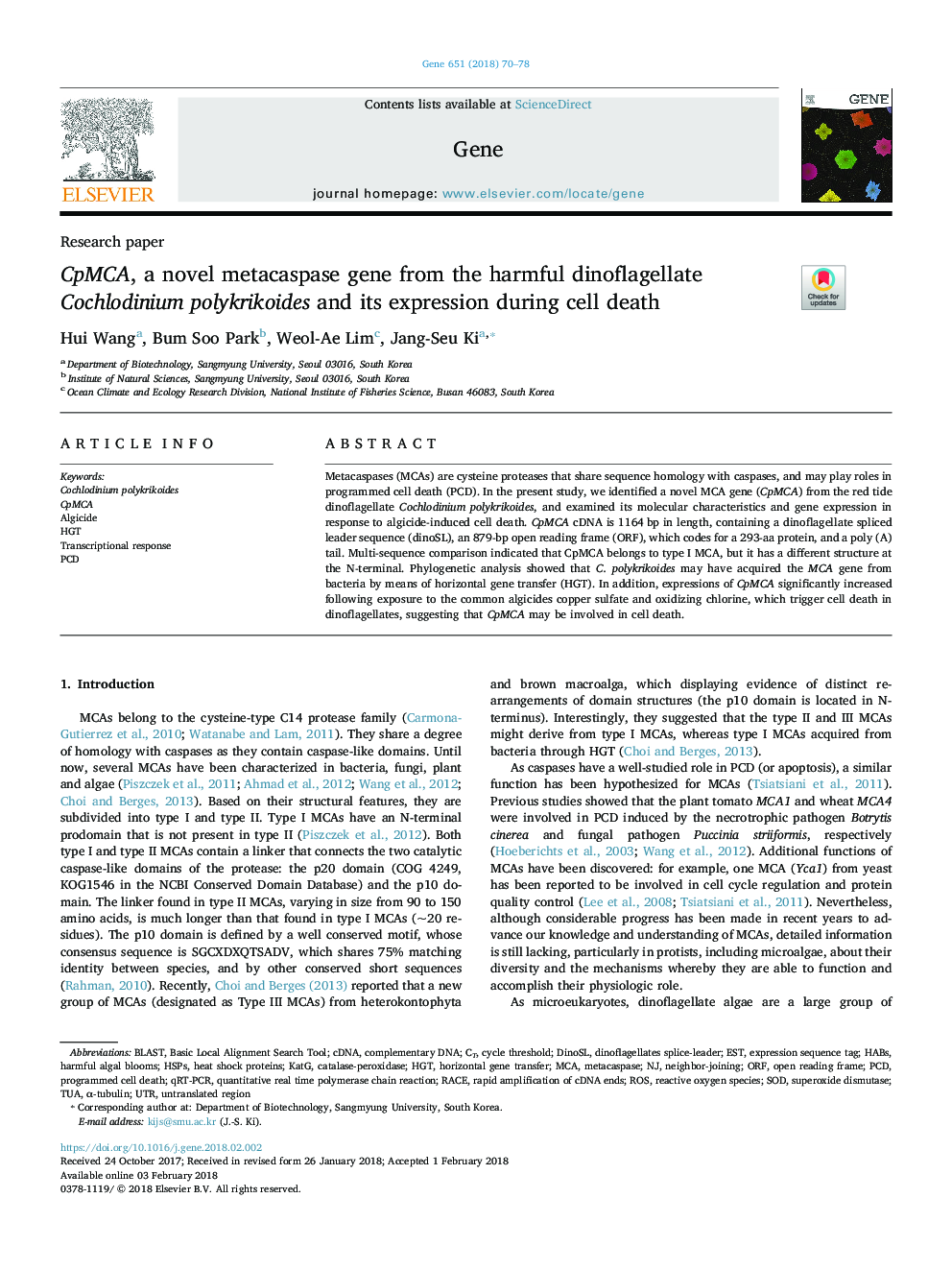 CpMCA, a novel metacaspase gene from the harmful dinoflagellate Cochlodinium polykrikoides and its expression during cell death