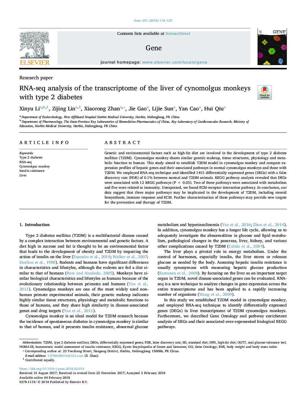 RNA-seq analysis of the transcriptome of the liver of cynomolgus monkeys with type 2 diabetes