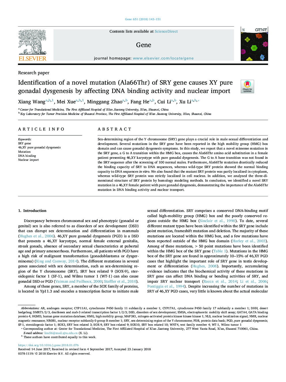 Identification of a novel mutation (Ala66Thr) of SRY gene causes XY pure gonadal dysgenesis by affecting DNA binding activity and nuclear import