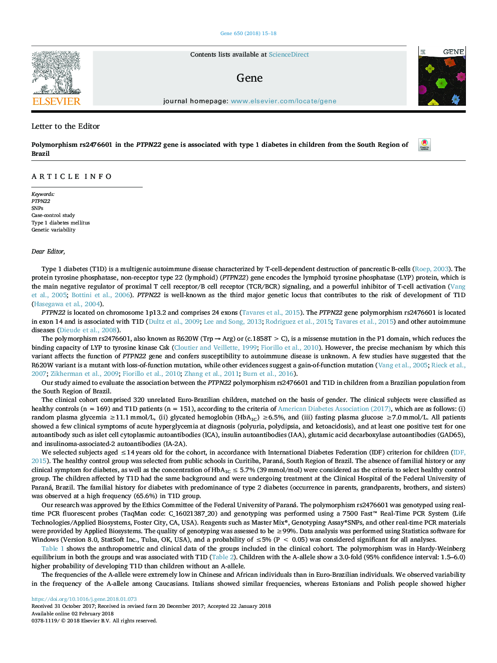 Polymorphism rs2476601 in the PTPN22 gene is associated with type 1 diabetes in children from the South Region of Brazil