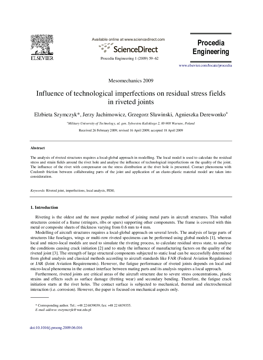 Influence of technological imperfections on residual stress fields in riveted joints