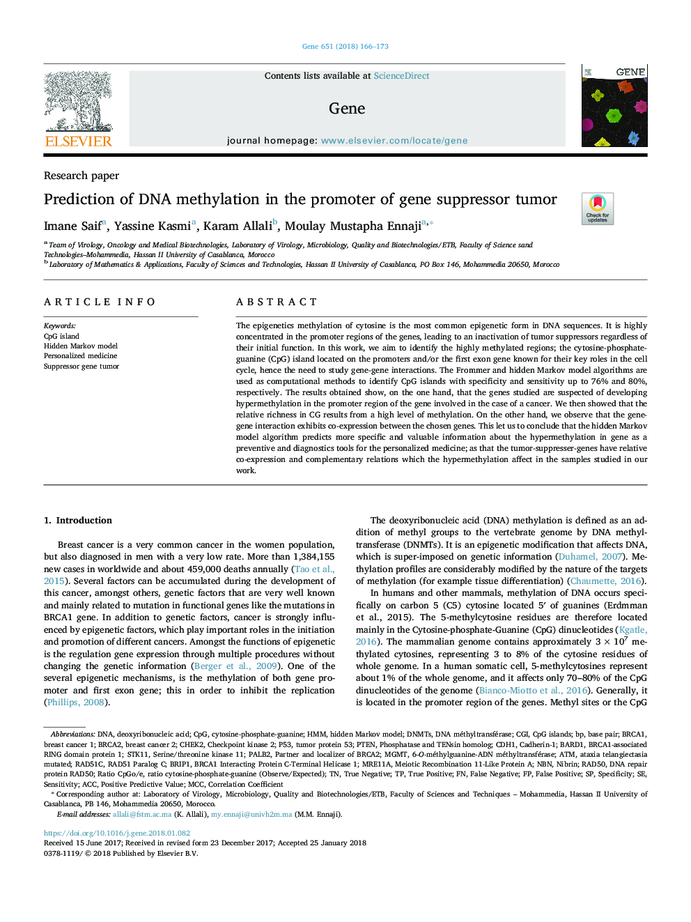 Prediction of DNA methylation in the promoter of gene suppressor tumor