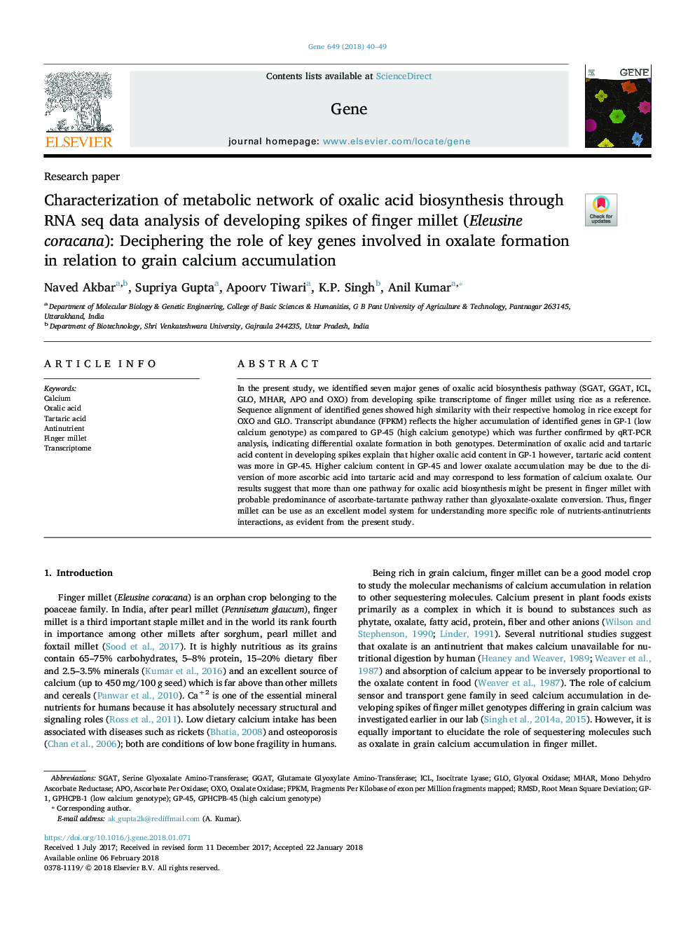 عکس صفحه اول مقاله: Characterization of metabolic network of oxalic acid biosynthesis through RNA seq data analysis of developing spikes of finger millet (Eleusine coracana): Deciphering the role of key genes involved in oxalate formation in relation to grain calcium accumul Characterization of metabolic network of oxalic acid biosynthesis through RNA seq data analysis of developing spikes of finger millet (Eleusine coracana): Deciphering the role of key genes involved in oxalate formation in relation to grain calcium accumul