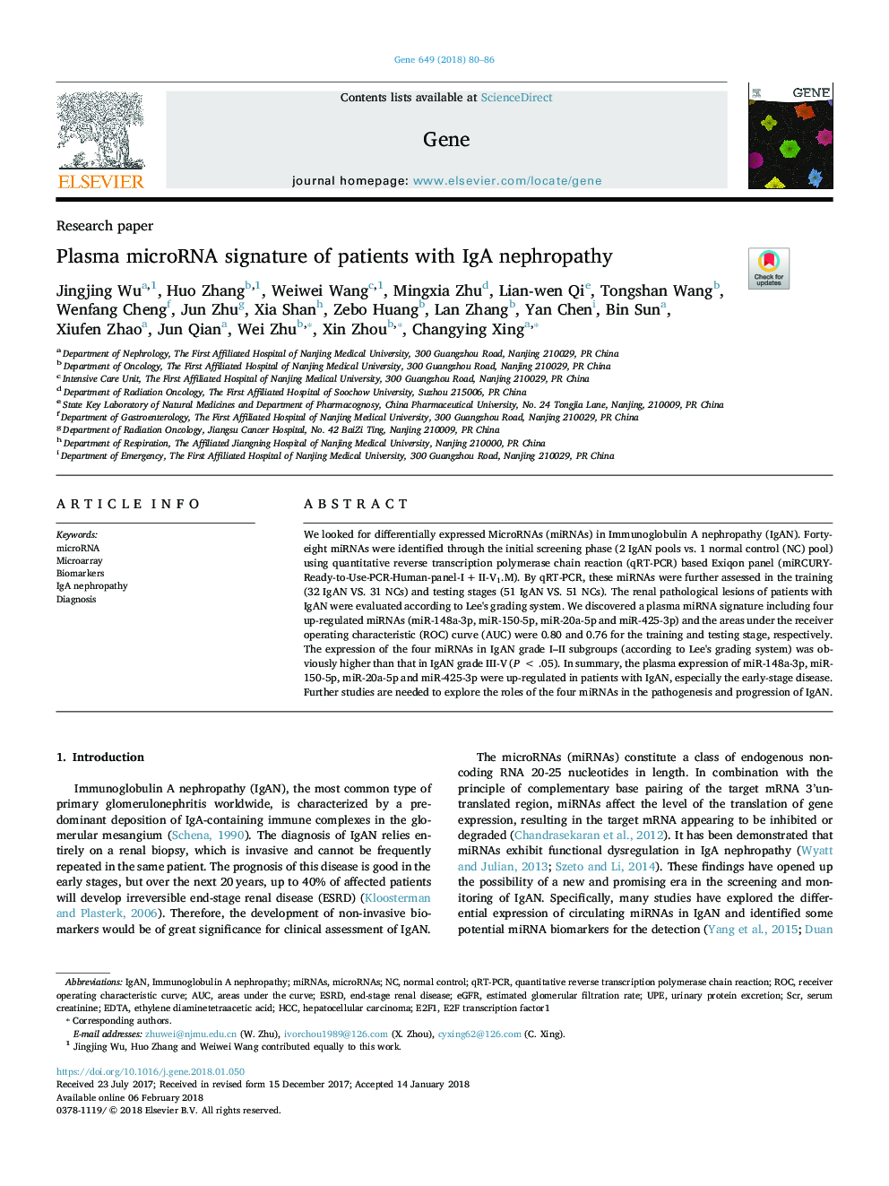 Plasma microRNA signature of patients with IgA nephropathy