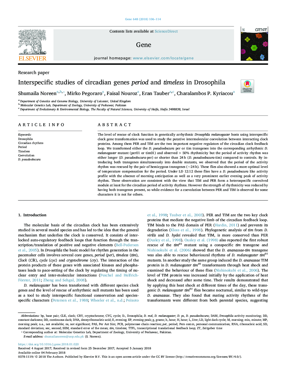 Interspecific studies of circadian genes period and timeless in Drosophila