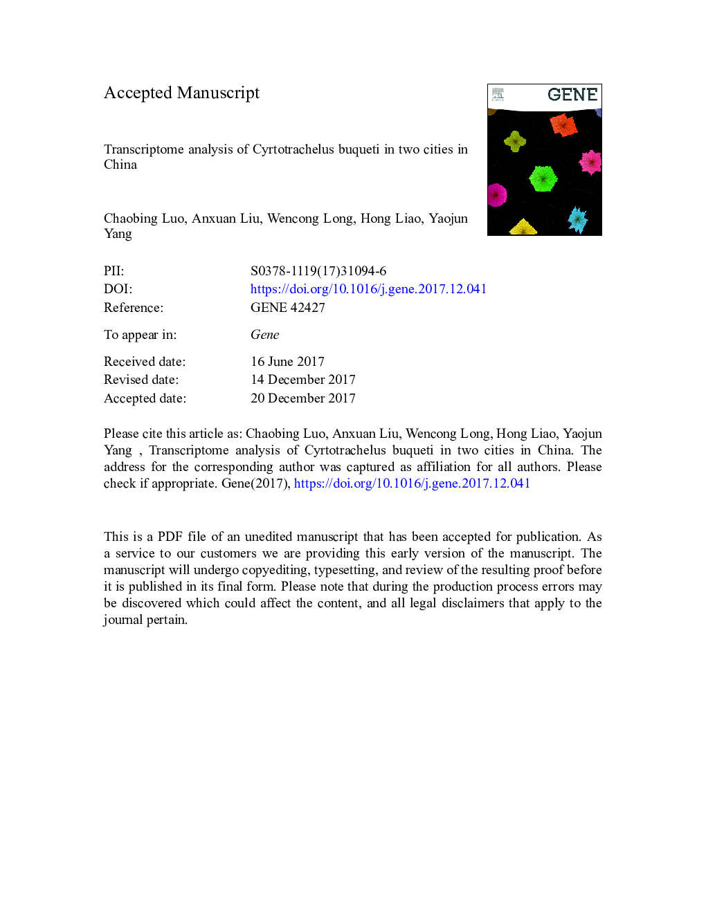 Transcriptome analysis of Cyrtotrachelus buqueti in two cities in China