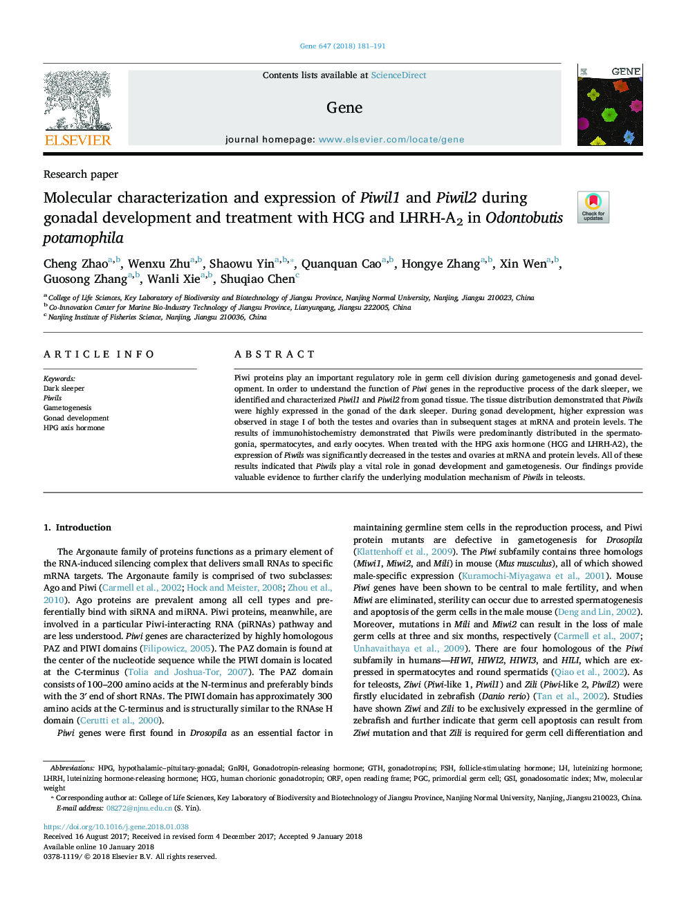 Molecular characterization and expression of Piwil1 and Piwil2 during gonadal development and treatment with HCG and LHRH-A2 in Odontobutis potamophila