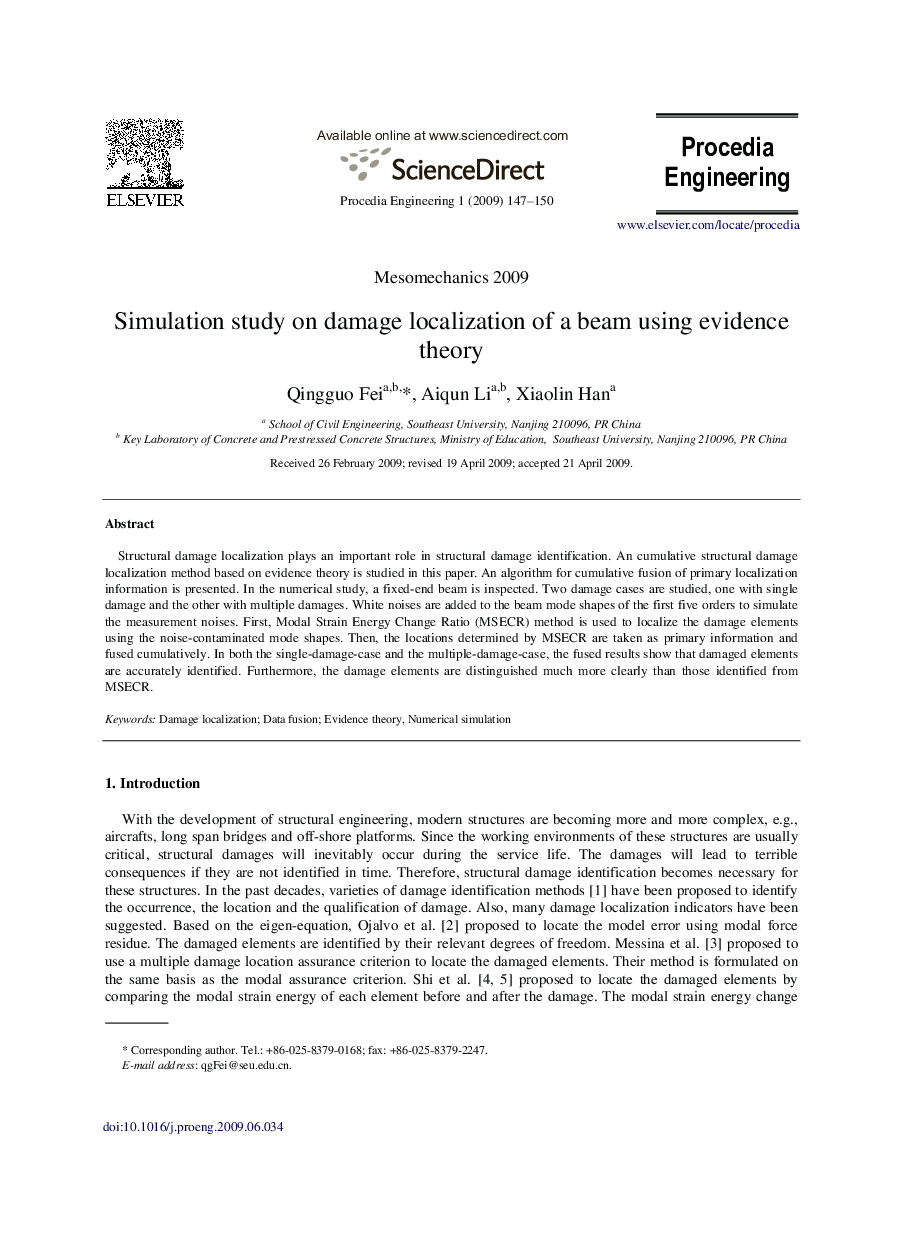 Simulation study on damage localization of a beam using evidence theory