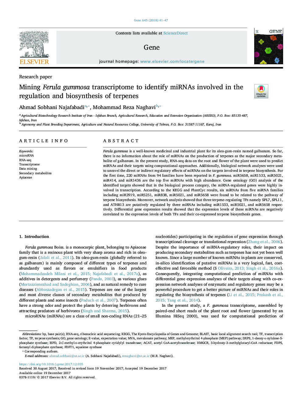 Mining Ferula gummosa transcriptome to identify miRNAs involved in the regulation and biosynthesis of terpenes